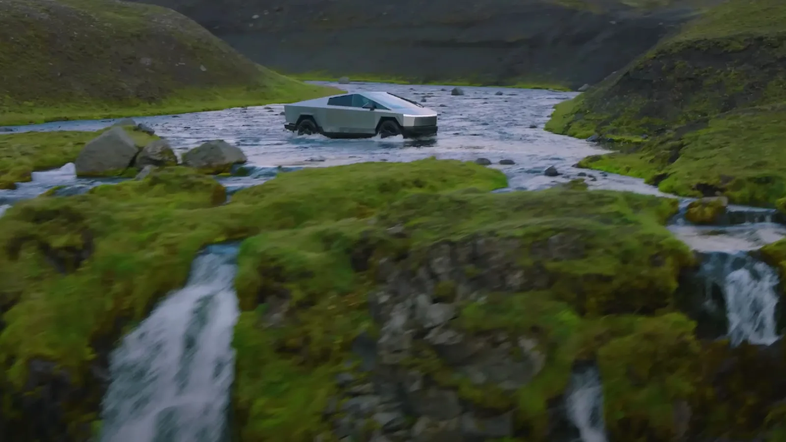 Tesla Cybertruck wading across a river