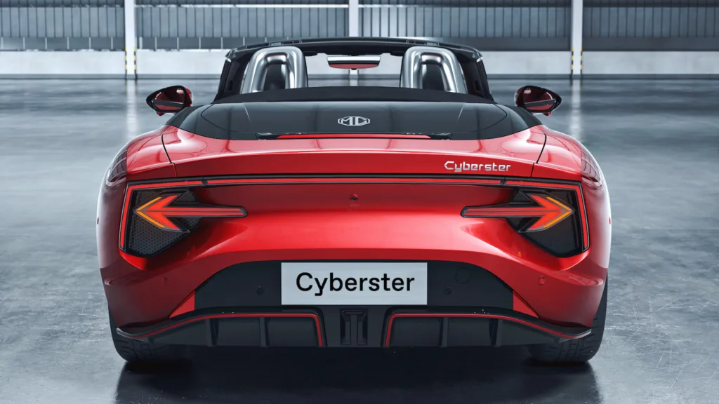 The rear section of Cyberster has arrow-shaped taillights, a full-width rectangular light bar, and a bold split diffuser. (Representative Image: MG Motor)