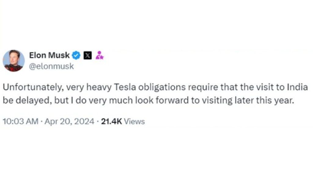 Elon Musk Tweet about delaying his visit to India. (Source: X)