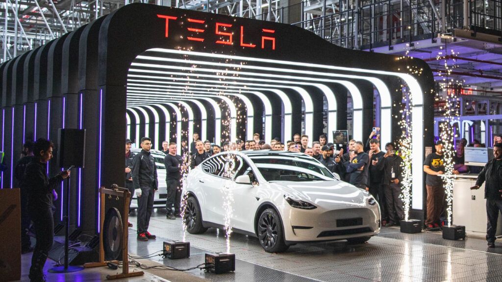 Tesla car coming out of assembly line (Source: Tesla)