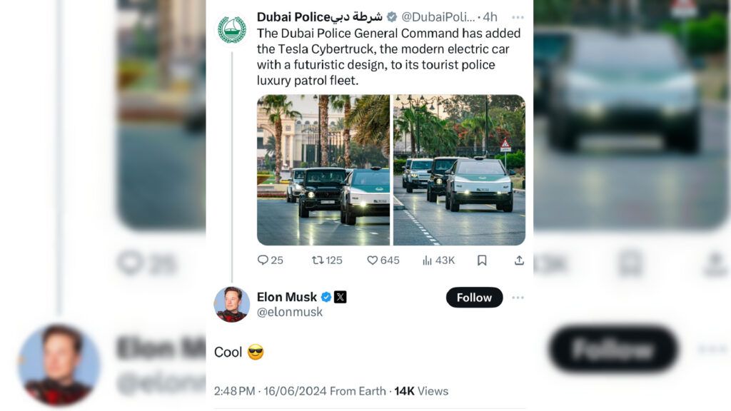 Elon Musk replied to the Dubai Police post by saying ‘Cool” 