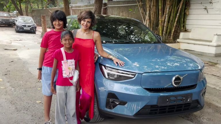 Actor Mandira Bedi with her new Volvo C40 Recharge (Source: YT/BiscootTV)